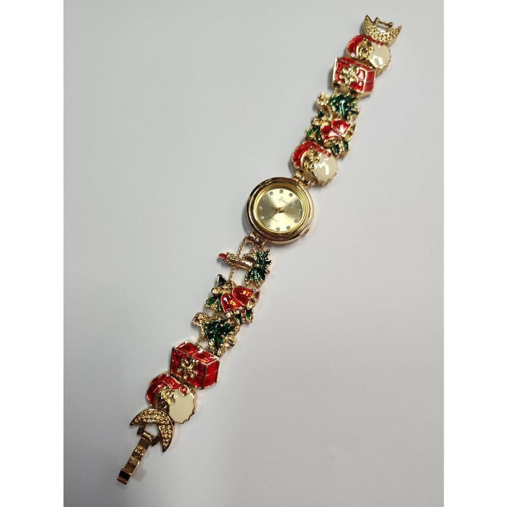 Jennie B Gold Tone Christmas Charm Bracelet Watch Red & Green Enamel Vintage